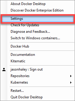 Docker settings menu